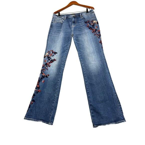DRIFTWOOD Womens 32 Kelly Bootcut Mid Rise Floral Embroidered Denim Jeans birds.